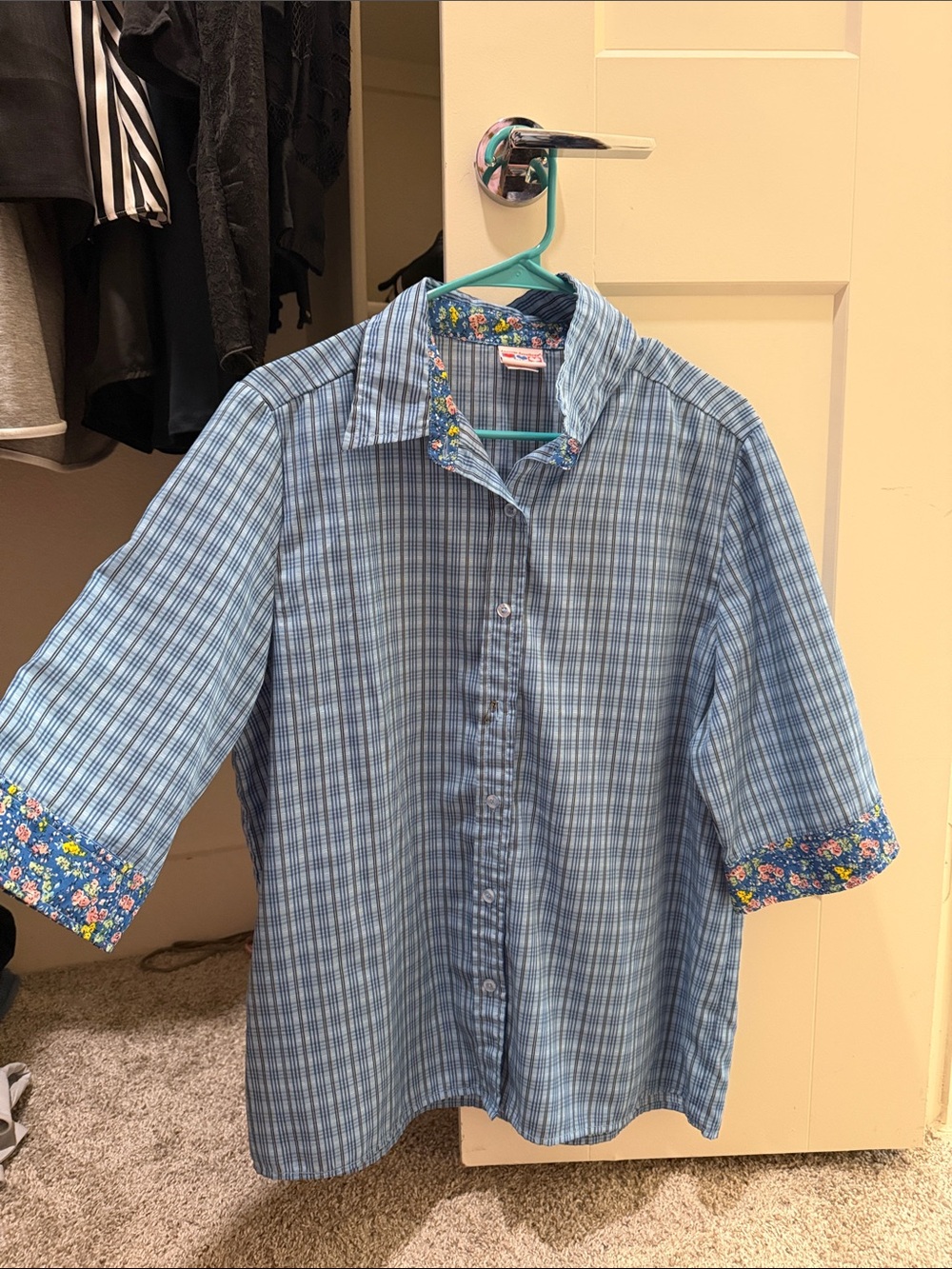 Vintage Blue Plaid Button-Up Shirt with Floral Trim